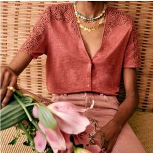 Sézane Lace Trim Blouse in Dusty Rose